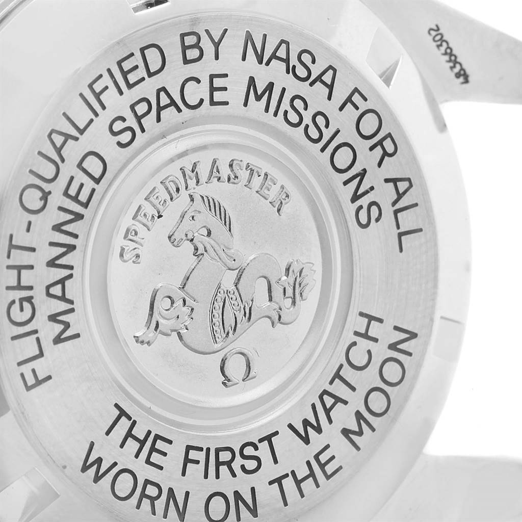 This image shows the back case of the Omega Speedmaster 3570.50.00 Men
s Stainless Steel Black Dial 3570.50.00 Men
s Stainless Steel Black Dial watch, detailing its association with NASA and space missions.