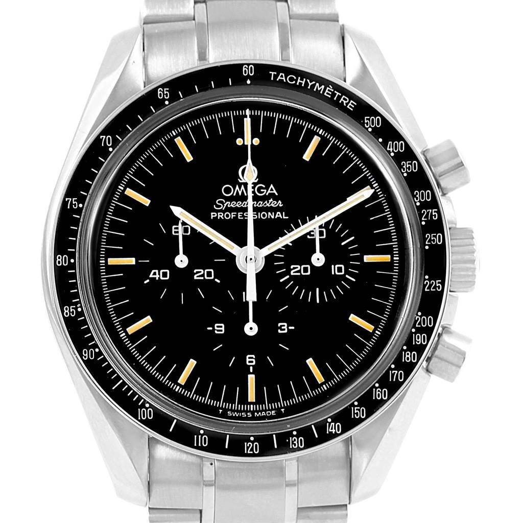 This Omega Speedmaster 3570.50.00 Men
s Stainless Steel Black Dial 3570.50.00 Men
s Stainless Steel Black Dial watch is shown from a front angle, highlighting the dial, sub-dials, tachymeter bezel, and stainless steel bracelet.