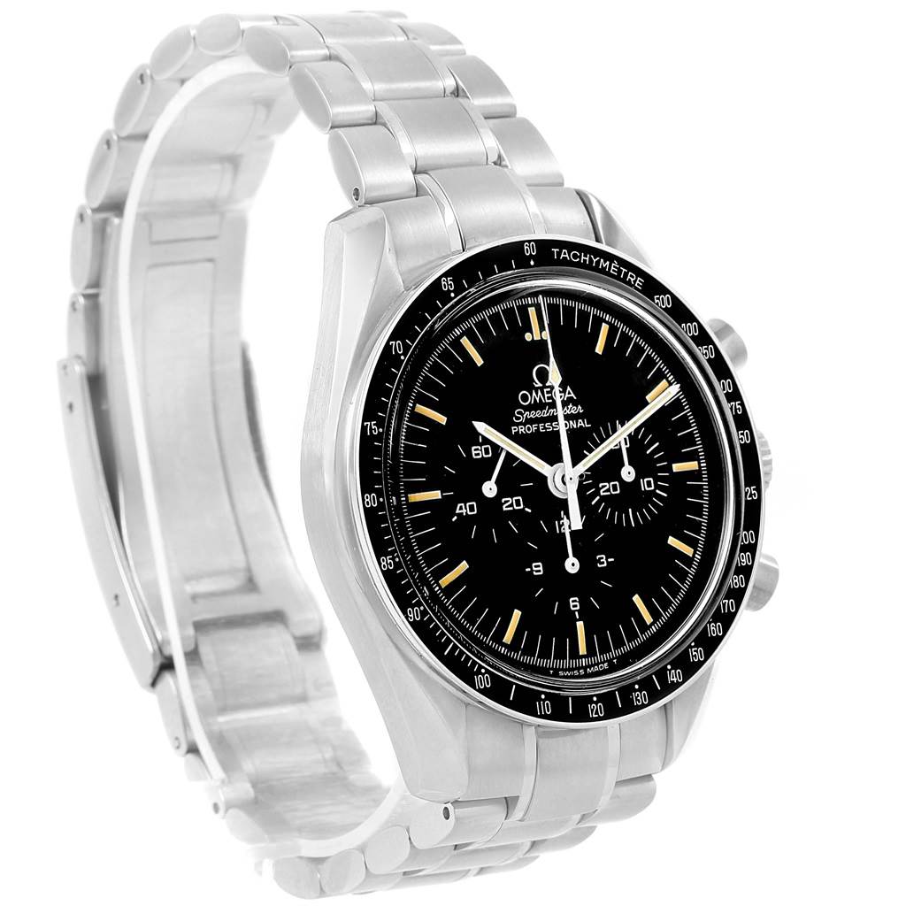 The image shows an Omega Speedmaster 3570.50.00 Men
s Stainless Steel Black Dial 3570.50.00 Men
s Stainless Steel Black Dial watch with a stainless steel band, tachymeter bezel, and black dial, viewed at an oblique angle.