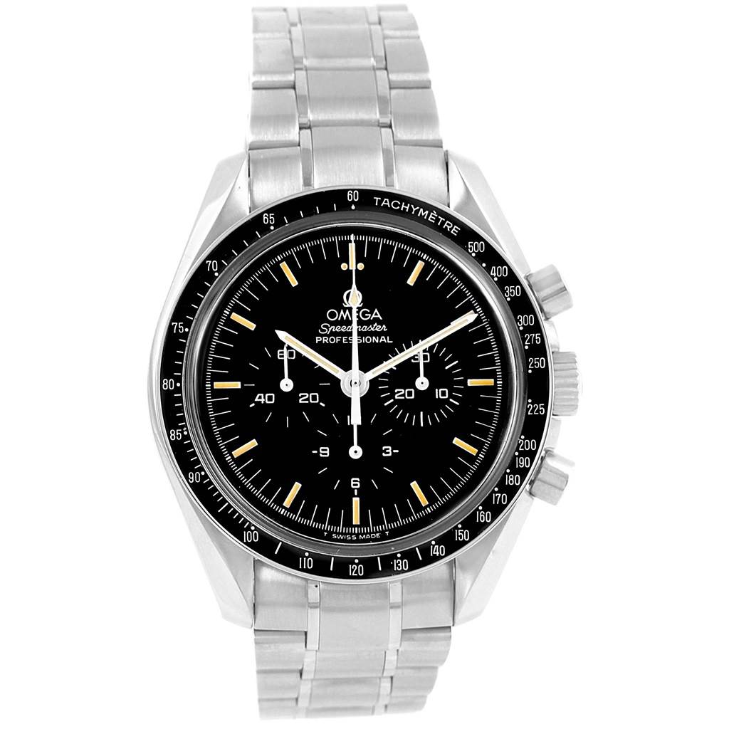 This Omega Speedmaster 3570.50.00 Men
s Stainless Steel Black Dial 3570.50.00 Men
s Stainless Steel Black Dial model is shown from a front angle, displaying its black dial, tachymeter bezel, chronograph subdials, and stainless steel bracelet.