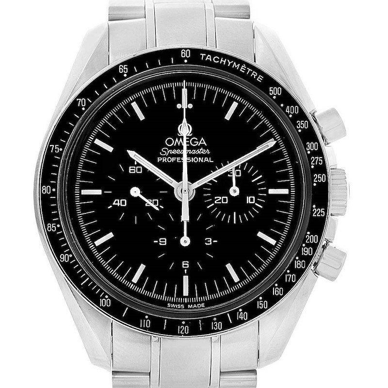 This image shows a frontal view of the Omega Speedmaster Professional watch, highlighting its dial, bezel, and chronograph sub-dials.