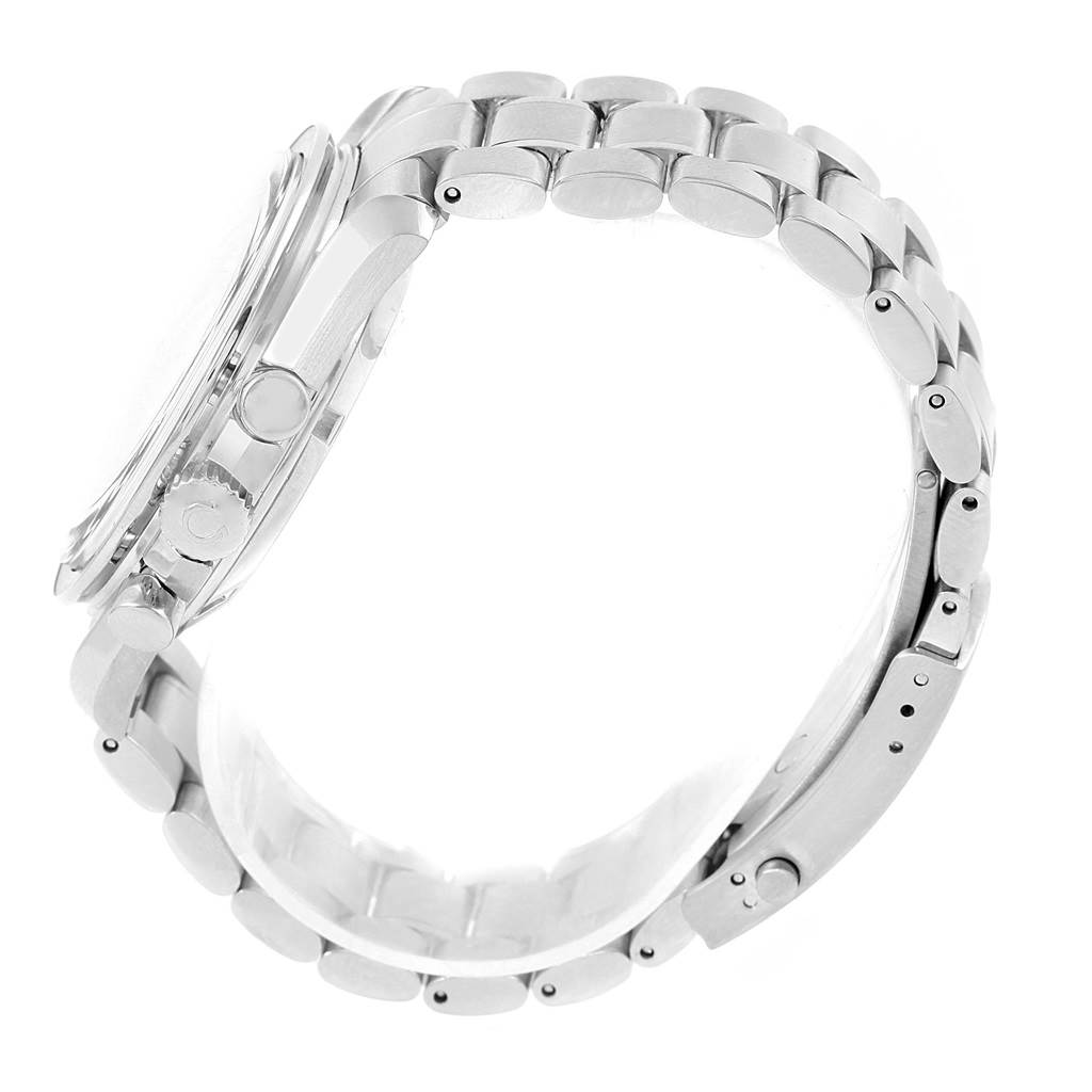 The image displays a side view of the Omega Speedmaster 3570.50.00 Men
s Stainless Steel Black Dial 3570.50.00 Men
s Stainless Steel Black Dial watch, highlighting the side profile, crown, and metal bracelet.