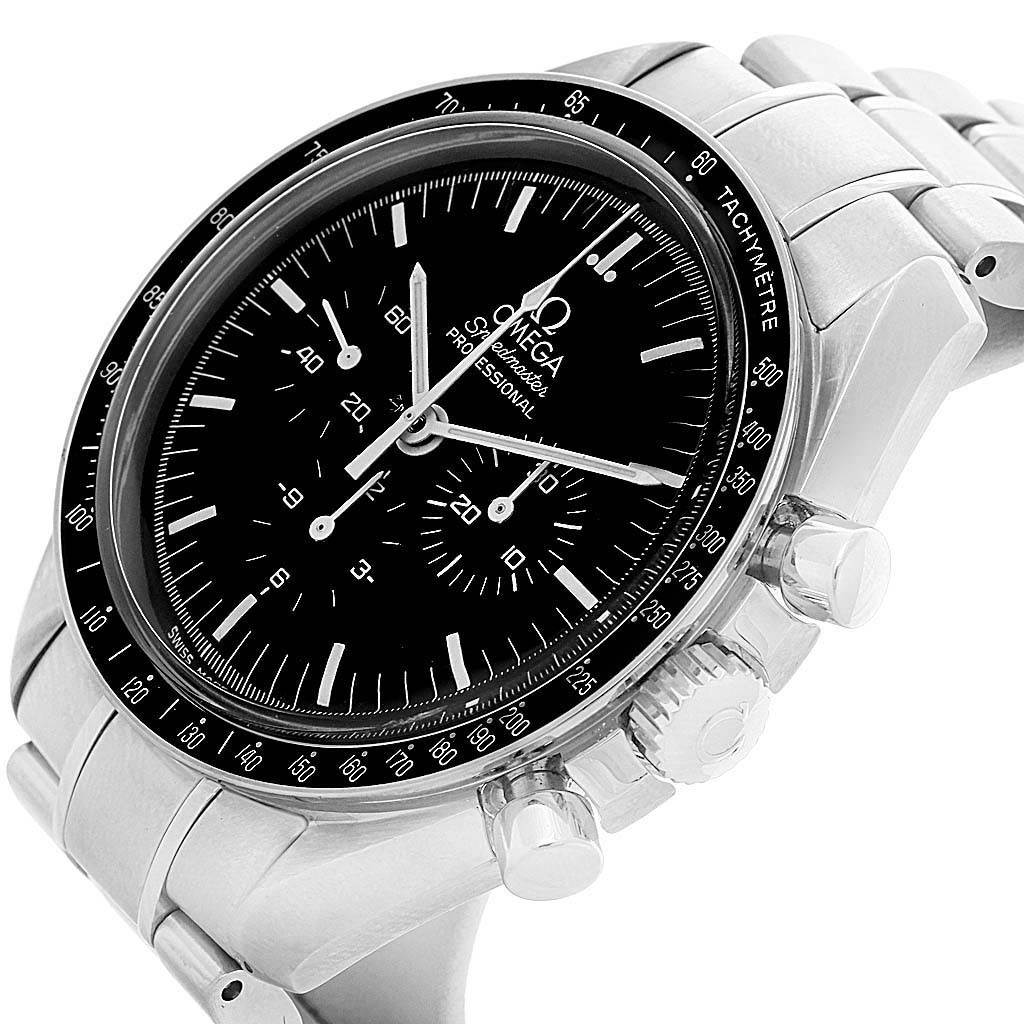 The image shows an angled view of an Omega Speedmaster 3570.50.00 Men
s Stainless Steel Black Dial 3570.50.00 Men
s Stainless Steel Black Dial watch, highlighting its black dial, tachymeter bezel, and stainless steel bracelet.