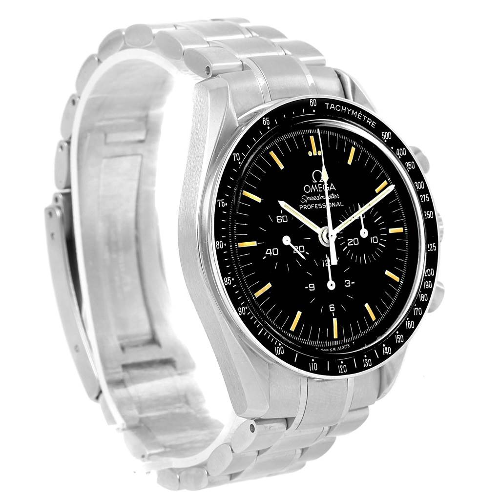 The image shows an Omega Speedmaster Men
s Stainless Steel Silver Dial Men
s Stainless Steel Silver Dial watch at a three-quarters angle, highlighting the face, bezel, and metal bracelet.