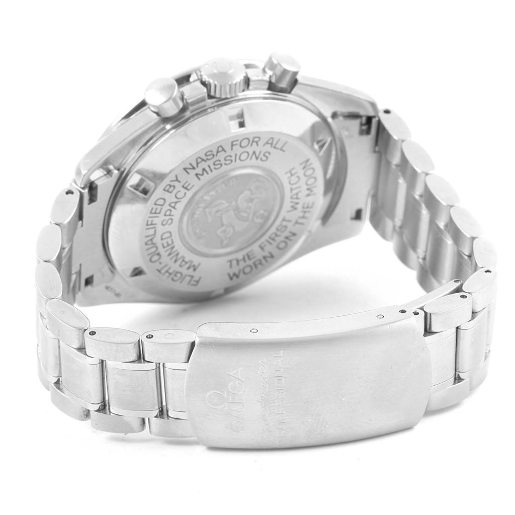 This image shows the back case and bracelet clasp of an Omega Speedmaster Men
s Stainless Steel Silver Dial Men
s Stainless Steel Silver Dial watch, displaying NASA mission engraving.