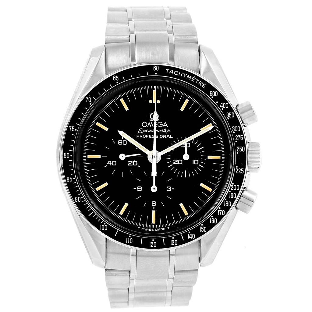 The image shows a frontal view of an Omega Speedmaster Men
s Stainless Steel Silver Dial Men
s Stainless Steel Silver Dial watch, displaying its black dial, chronograph sub-dials, and stainless steel bracelet.