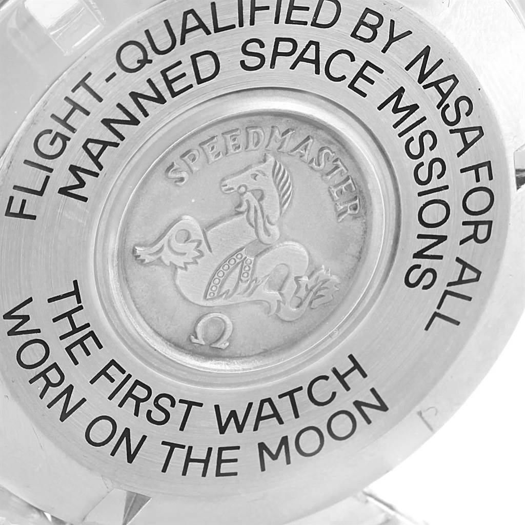 The image shows the engraved case back of the Omega Speedmaster Men
s Stainless Steel Silver Dial Men
s Stainless Steel Silver Dial watch with special inscriptions.
