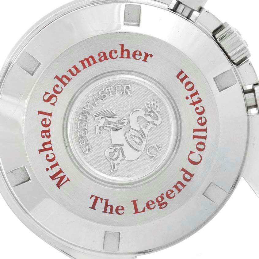 The image shows the engraved case back of an Omega Speedmaster 3507.51.00 Men
s Stainless Steel Black Dial 3507.51.00 Men
s Stainless Steel Black Dial watch, The Legend Collection, Michael Schumacher edition.