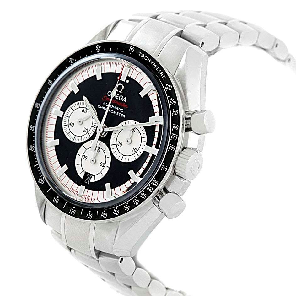 This image shows an Omega Speedmaster 3507.51.00 Men
s Stainless Steel Black Dial 3507.51.00 Men
s Stainless Steel Black Dial watch at an angled side view, highlighting its face, tachymeter bezel, pushers, and bracelet.