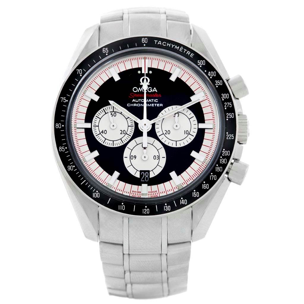 The image shows a frontal view of an Omega Speedmaster 3507.51.00 Men
s Stainless Steel Black Dial 3507.51.00 Men
s Stainless Steel Black Dial watch, highlighting its dial, tachymeter bezel, and metal bracelet.