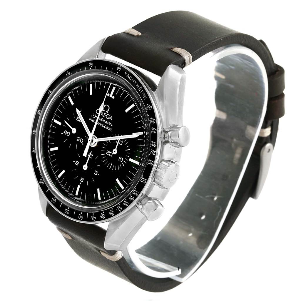 The image shows an Omega Speedmaster Men
s Stainless Steel Black Dial Men
s Stainless Steel Black Dial watch from a three-quarter angle, highlighting the face, bezel, crown, and black leather strap.
