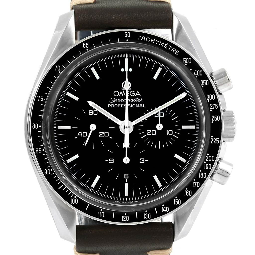 Front view of an Omega Speedmaster Men
s Stainless Steel Black Dial Men
s Stainless Steel Black Dial watch showing the dial, bezel, tachymeter scale, and pushers.
