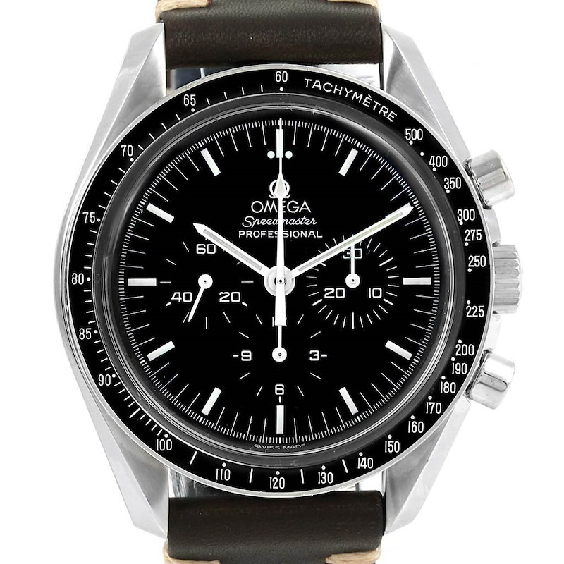 Omega Speedmaster Chronograph Black Dial Leather Strap Mens MoonWatch SwissWatchExpo