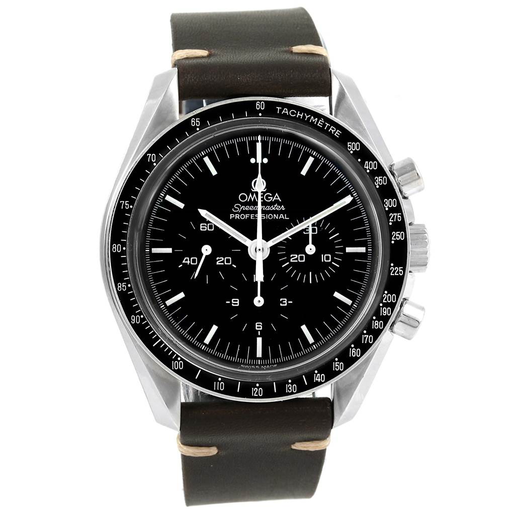 This image shows a front view of an Omega Speedmaster Men
s Stainless Steel Black Dial Men
s Stainless Steel Black Dial watch, highlighting its dial, bezel, and pushers.