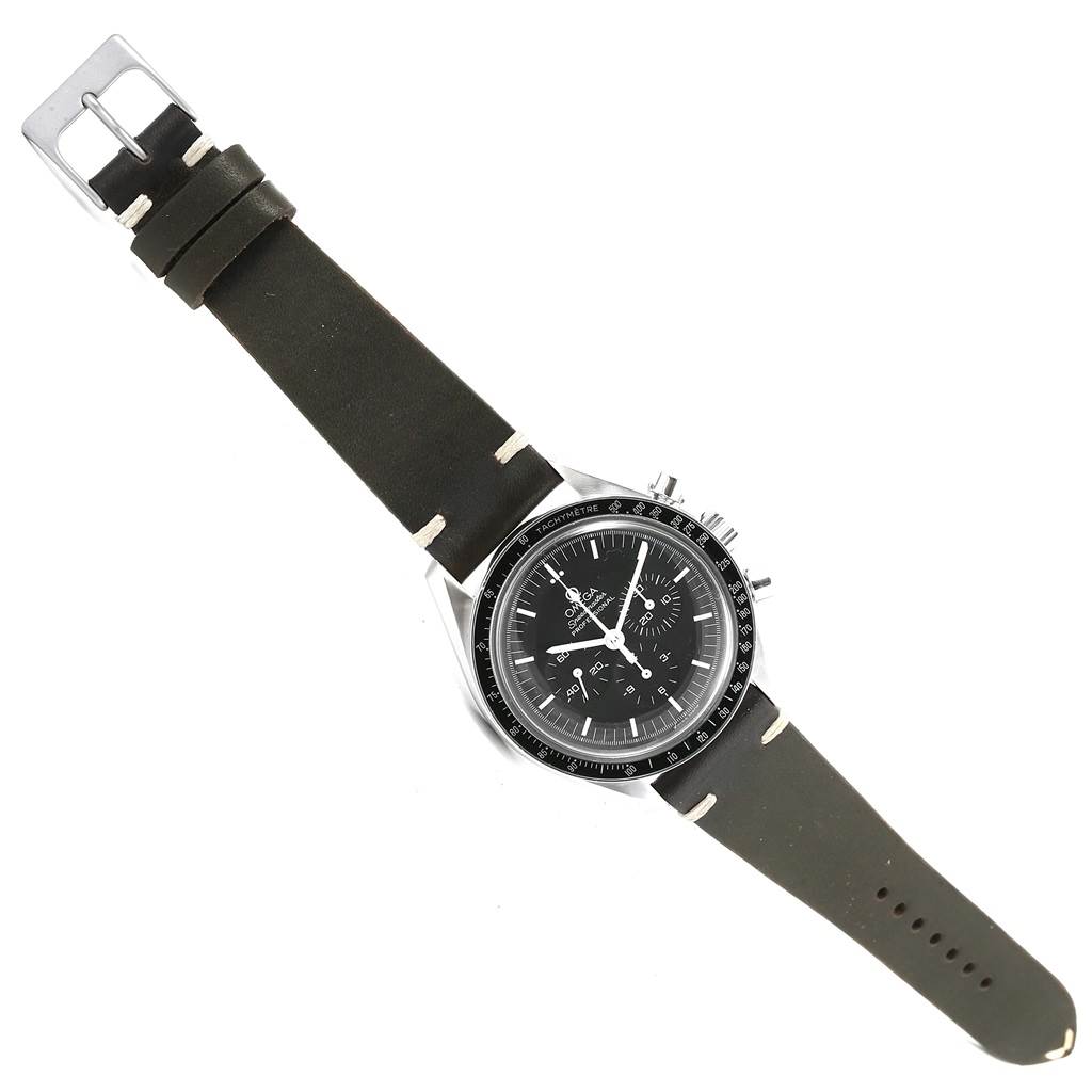 The Omega Speedmaster Men
s Stainless Steel Black Dial Men
s Stainless Steel Black Dial watch is shown from a top-down angle, displaying the face, bezel, and strap fully extended.