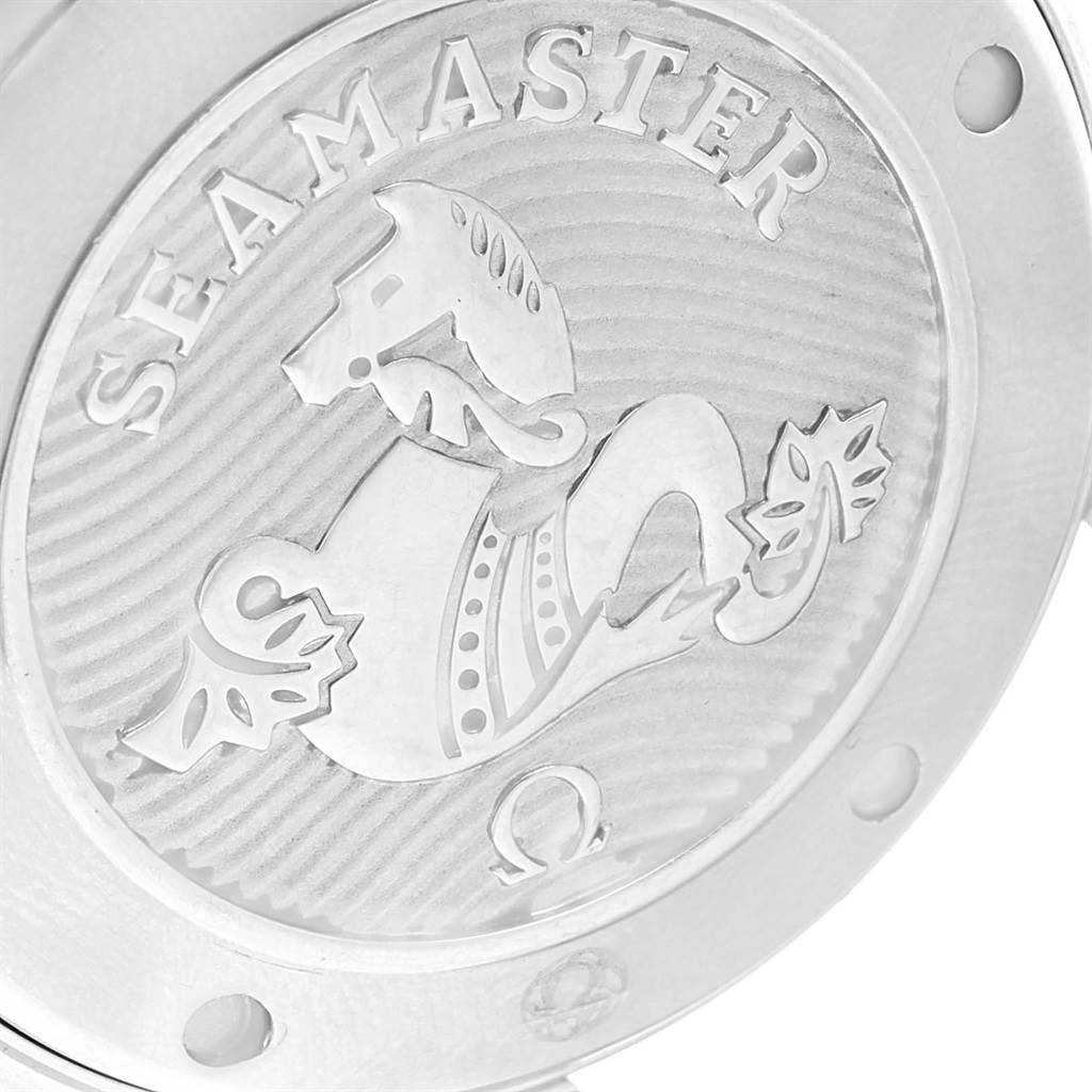 This image shows the engraved case back of an Omega Seamaster watch, viewed from above.