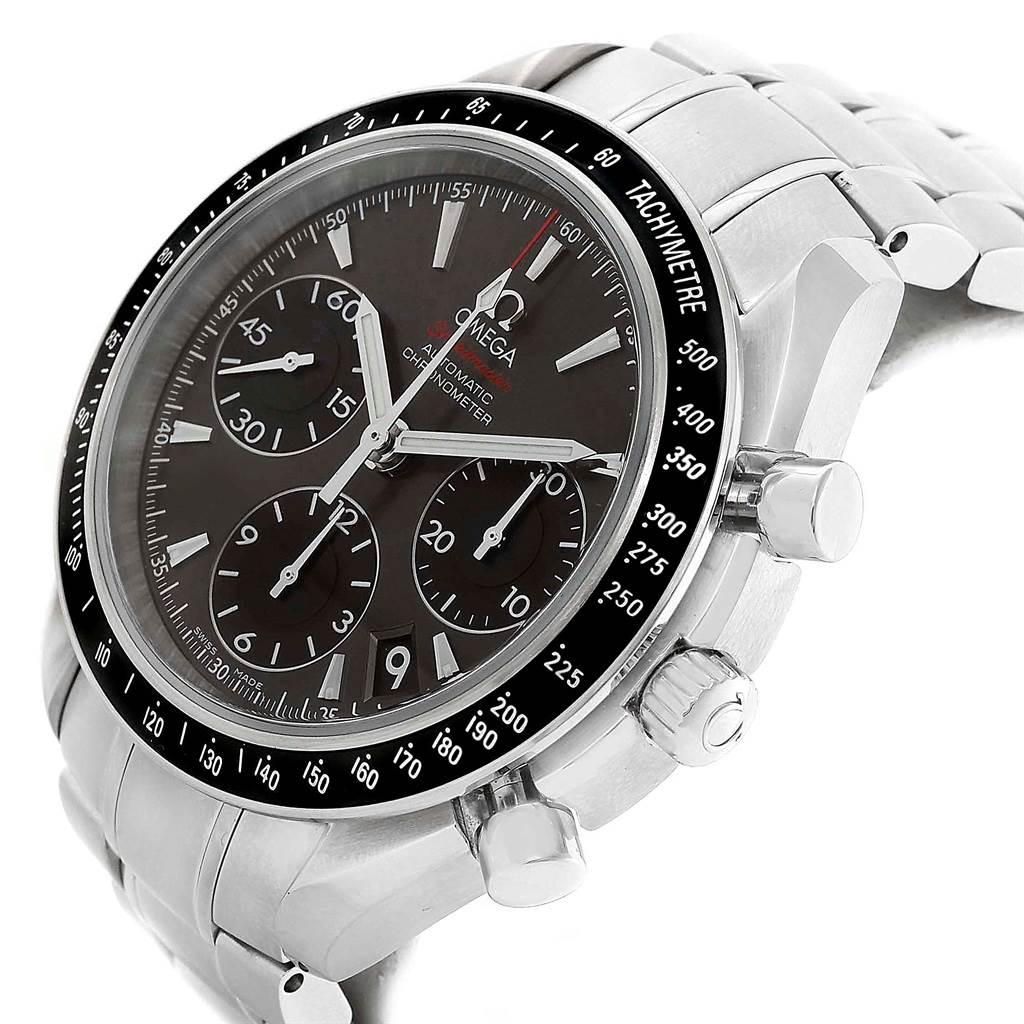 The Omega Speedmaster 323.30.40.40.06.001 Men
s Stainless Steel Grey Dial 323.30.40.40.06.001 Men
s Stainless Steel Grey Dial watch is shown from a three-quarter angle, highlighting the face, bezel, pushers, and part of the bracelet.