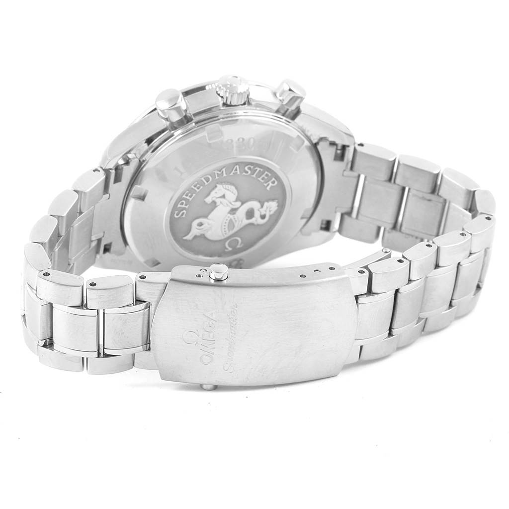 The image shows the case back and bracelet of the Omega Speedmaster 323.30.40.40.06.001 Men
s Stainless Steel Grey Dial 323.30.40.40.06.001 Men
s Stainless Steel Grey Dial watch at an angled rear view.