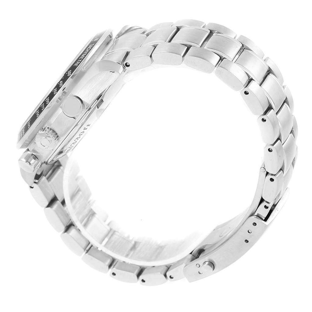 The image shows a side view of the Omega Speedmaster 323.30.40.40.06.001 Men
s Stainless Steel Grey Dial 323.30.40.40.06.001 Men
s Stainless Steel Grey Dial watch, highlighting its stainless steel bracelet and case side.