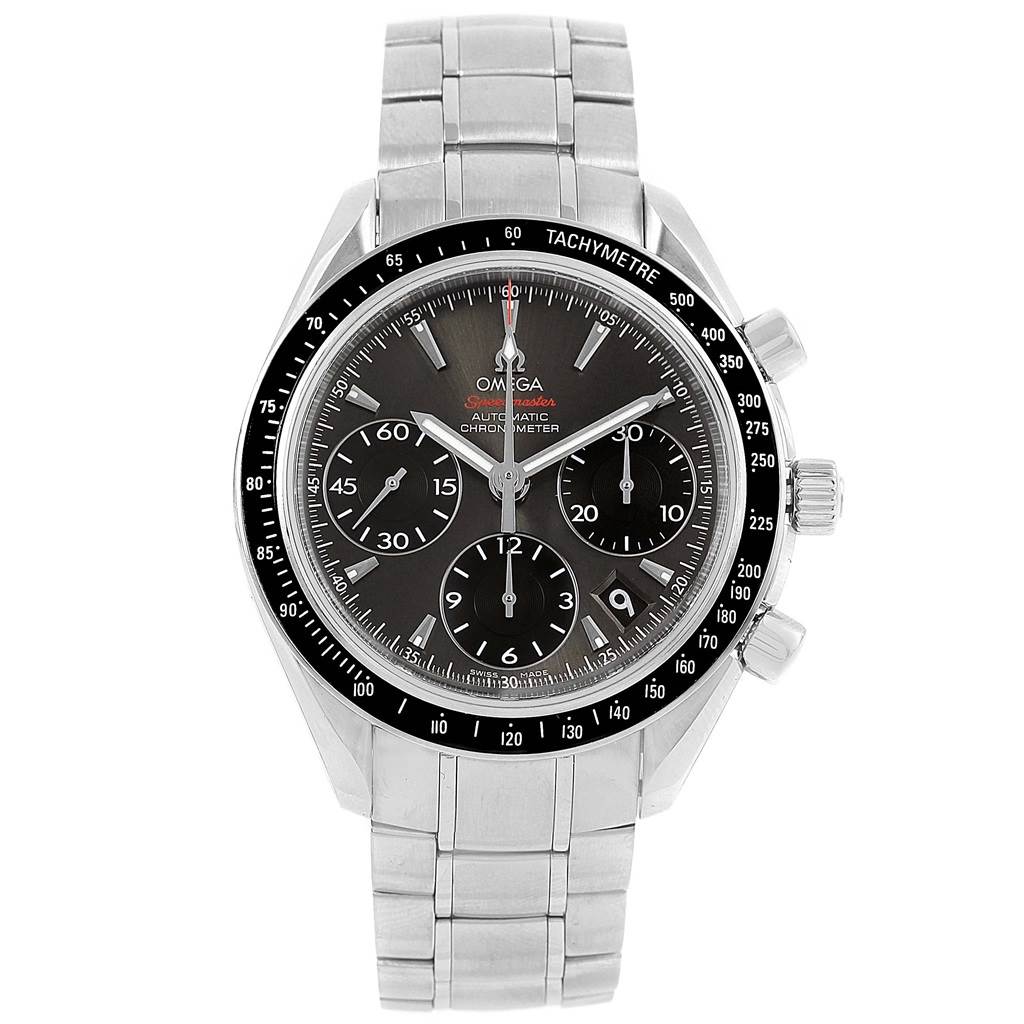This image shows a front view of the Omega Speedmaster 323.30.40.40.06.001 Men
s Stainless Steel Grey Dial 323.30.40.40.06.001 Men
s Stainless Steel Grey Dial watch, highlighting the dial, tachymeter bezel, and stainless steel bracelet.