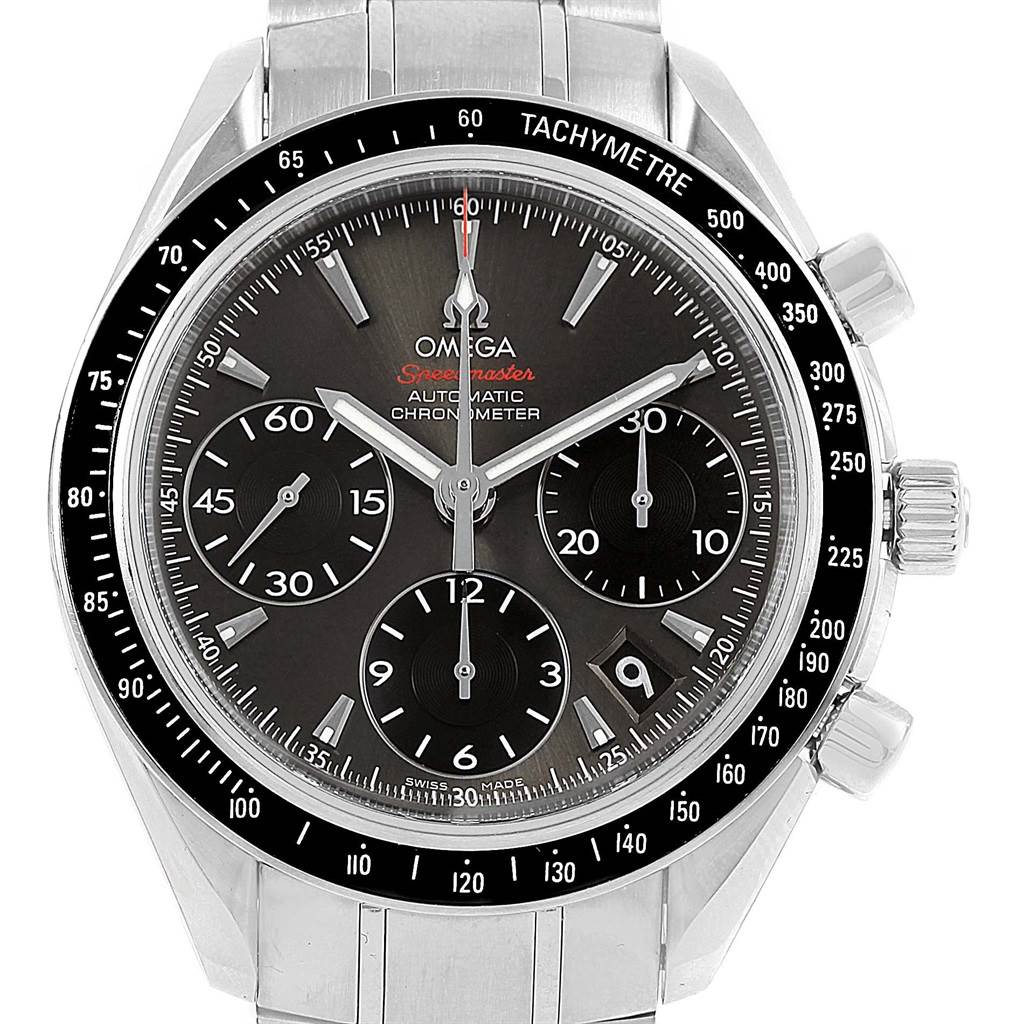 This image shows the face of an Omega Speedmaster 323.30.40.40.06.001 Men
s Stainless Steel Grey Dial 323.30.40.40.06.001 Men
s Stainless Steel Grey Dial watch, highlighting its chronograph subdials, tachymeter bezel, and metal bracelet.