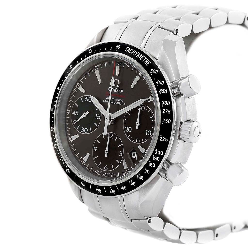 The watch angle showcases the Omega Speedmaster 323.30.40.40.06.001 Men
s Stainless Steel Grey Dial 323.30.40.40.06.001 Men
s Stainless Steel Grey Dial
s face, bezel, chronograph pushers, and part of its metal band.
