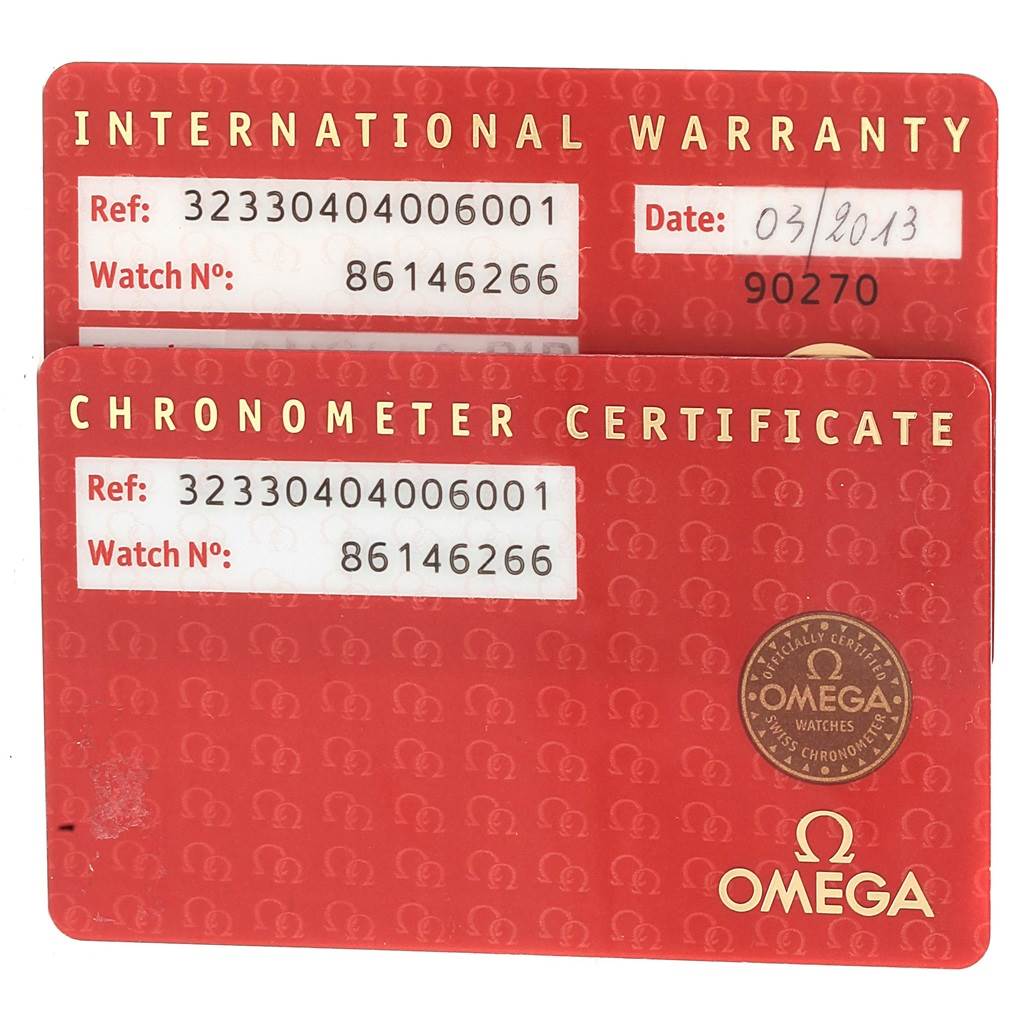 This image shows the International Warranty and Chronometer Certificate cards for the Omega Speedmaster 323.30.40.40.06.001 Men
s Stainless Steel Grey Dial 323.30.40.40.06.001 Men
s Stainless Steel Grey Dial model.