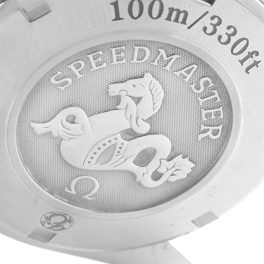 The image shows the engraved case back of an Omega Speedmaster 323.30.40.40.06.001 Men
s Stainless Steel Grey Dial 323.30.40.40.06.001 Men
s Stainless Steel Grey Dial watch, highlighting water resistance and the Speedmaster logo.