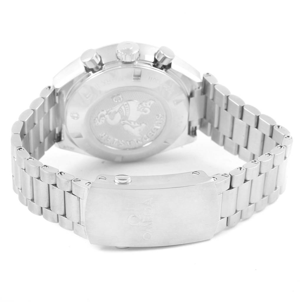 The image shows the back view of the Omega Speedmaster 327.10.43.50.06.001 Men
s Stainless Steel Grey Dial 327.10.43.50.06.001 Men
s Stainless Steel Grey Dial watch, featuring its case back, pushers, and metal bracelet with clasp.