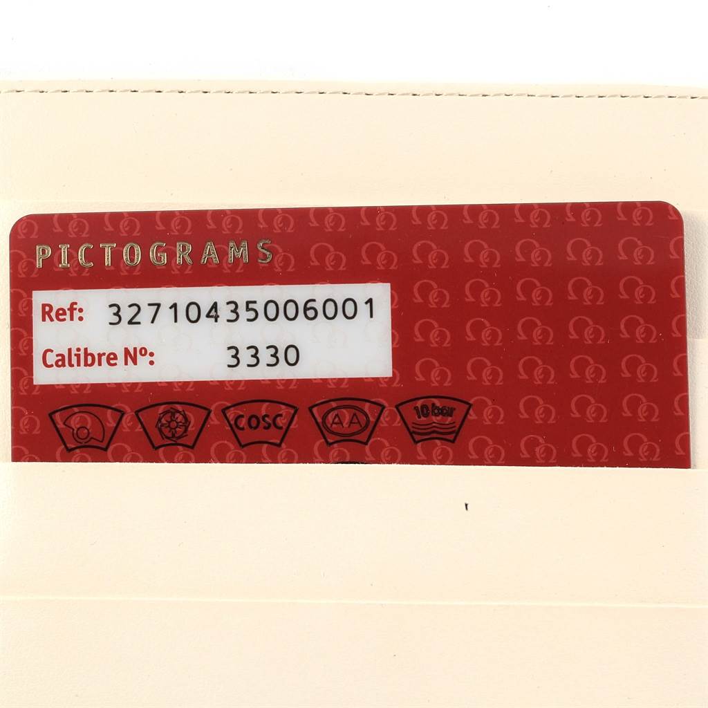 This image shows a red Pictograms card for an Omega Speedmaster 327.10.43.50.06.001 Men
s Stainless Steel Grey Dial 327.10.43.50.06.001 Men
s Stainless Steel Grey Dial watch, displaying the model reference number and calibre number.
