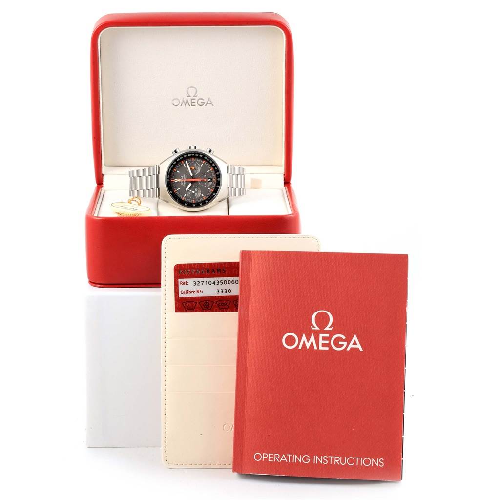 The Omega Speedmaster 327.10.43.50.06.001 Men
s Stainless Steel Grey Dial 327.10.43.50.06.001 Men
s Stainless Steel Grey Dial watch is displayed front-on in its box with the operating instructions and warranty card.