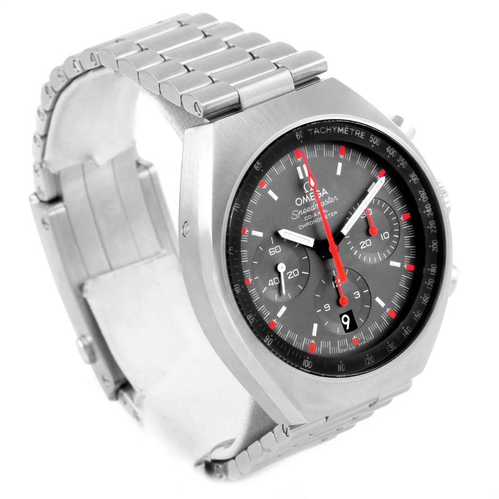 The Omega Speedmaster 327.10.43.50.06.001 Men
s Stainless Steel Grey Dial 327.10.43.50.06.001 Men
s Stainless Steel Grey Dial watch is shown at an angle highlighting the face, bezel, and bracelet.