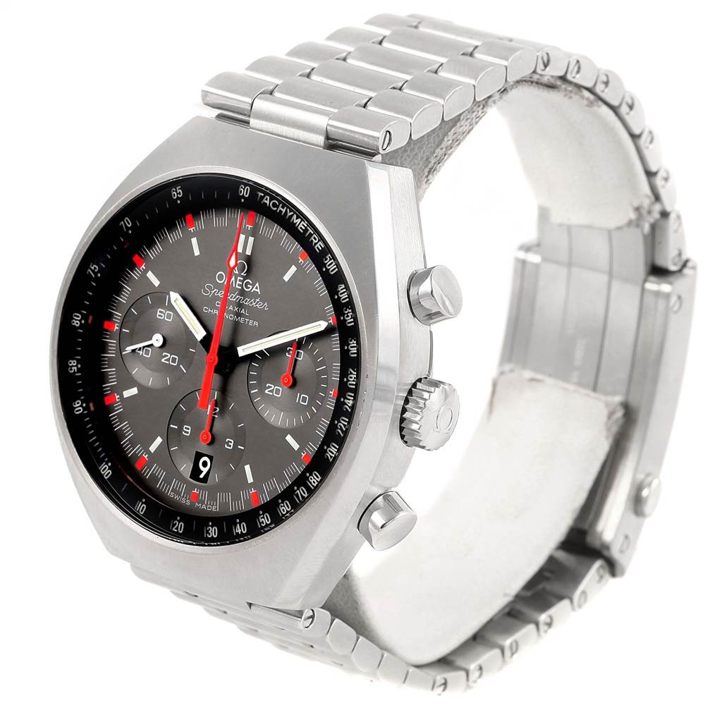 The image shows the Omega Speedmaster 327.10.43.50.06.001 Men
s Stainless Steel Grey Dial 327.10.43.50.06.001 Men
s Stainless Steel Grey Dial watch at a slight side angle, highlighting the face, pushers, bezel, and bracelet.