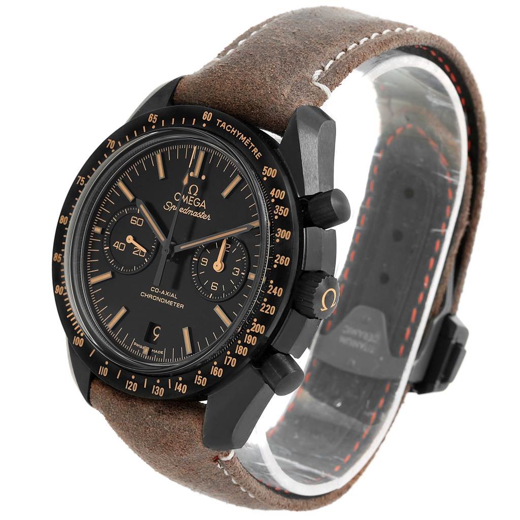 The image shows an Omega Speedmaster 311.92.44.51.01.006 Men
s Stainless Steel Black Dial 311.92.44.51.01.006 Men
s Stainless Steel Black Dial watch at a three-quarter angle, highlighting the face, bezel, and brown leather strap.