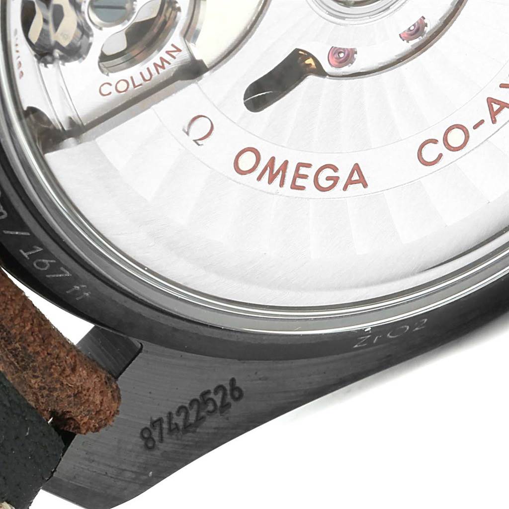The image shows a close-up of the Omega Speedmaster 311.92.44.51.01.006 Men
s Stainless Steel Black Dial 311.92.44.51.01.006 Men
s Stainless Steel Black Dial watch
s movement and serial number.