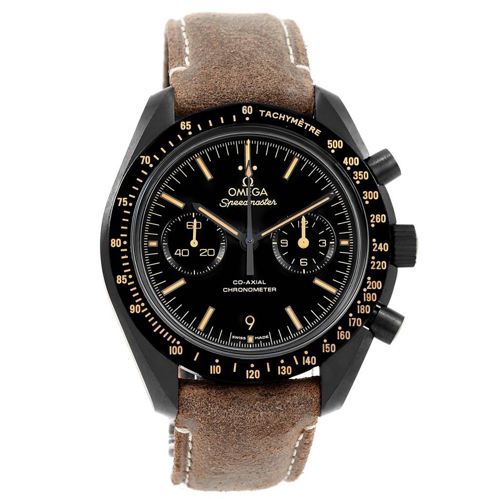 This image shows a front view of the Omega Speedmaster 311.92.44.51.01.006 Men
s Stainless Steel Black Dial 311.92.44.51.01.006 Men
s Stainless Steel Black Dial watch, highlighting its black dial, bezel, and brown leather strap.