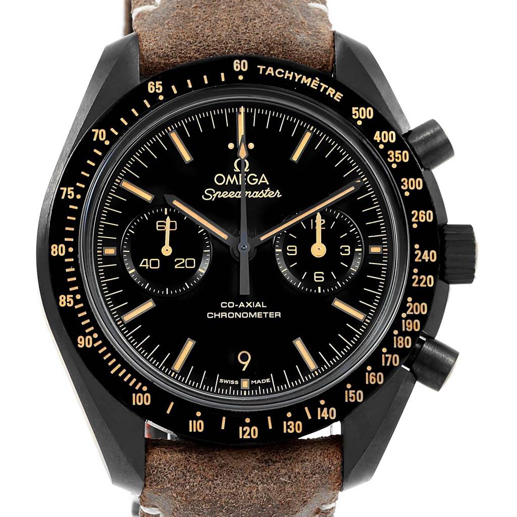 The image shows a frontal view of an Omega Speedmaster 311.92.44.51.01.006 Men
s Stainless Steel Black Dial 311.92.44.51.01.006 Men
s Stainless Steel Black Dial watch, highlighting its black dial, tachymeter bezel, and leather strap.
