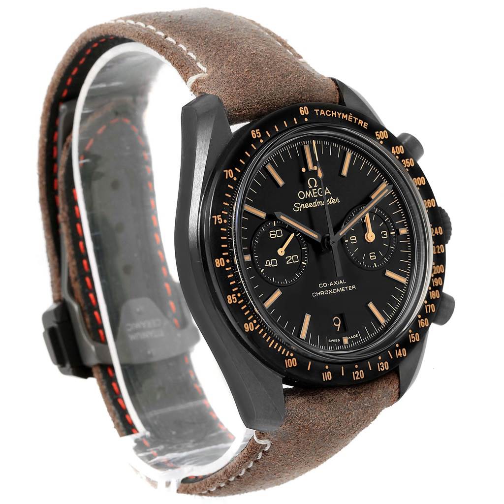 The Omega Speedmaster 311.92.44.51.01.006 Men
s Stainless Steel Black Dial 311.92.44.51.01.006 Men
s Stainless Steel Black Dial watch is shown at a slight side angle, highlighting the face, tachymeter, and leather strap.