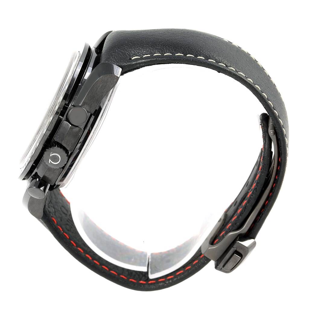 Side view of the Omega Speedmaster 311.92.44.51.01.004 Men
s Stainless Steel Black Dial 311.92.44.51.01.004 Men
s Stainless Steel Black Dial watch, showcasing the case, crown, pushers, and leather strap.