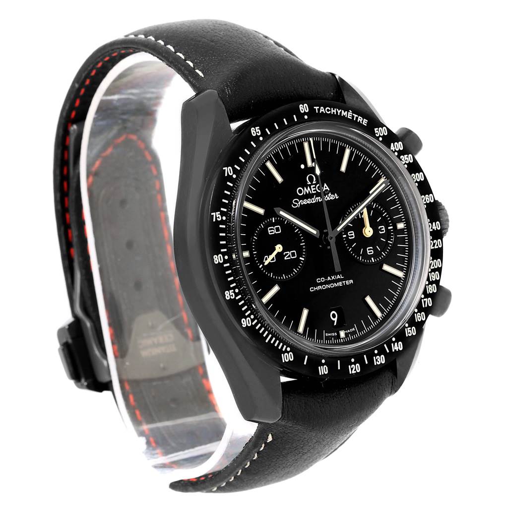 The Omega Speedmaster 311.92.44.51.01.004 Men
s Stainless Steel Black Dial 311.92.44.51.01.004 Men
s Stainless Steel Black Dial watch is shown at a slight angle, highlighting the dial, bezel, and leather strap.