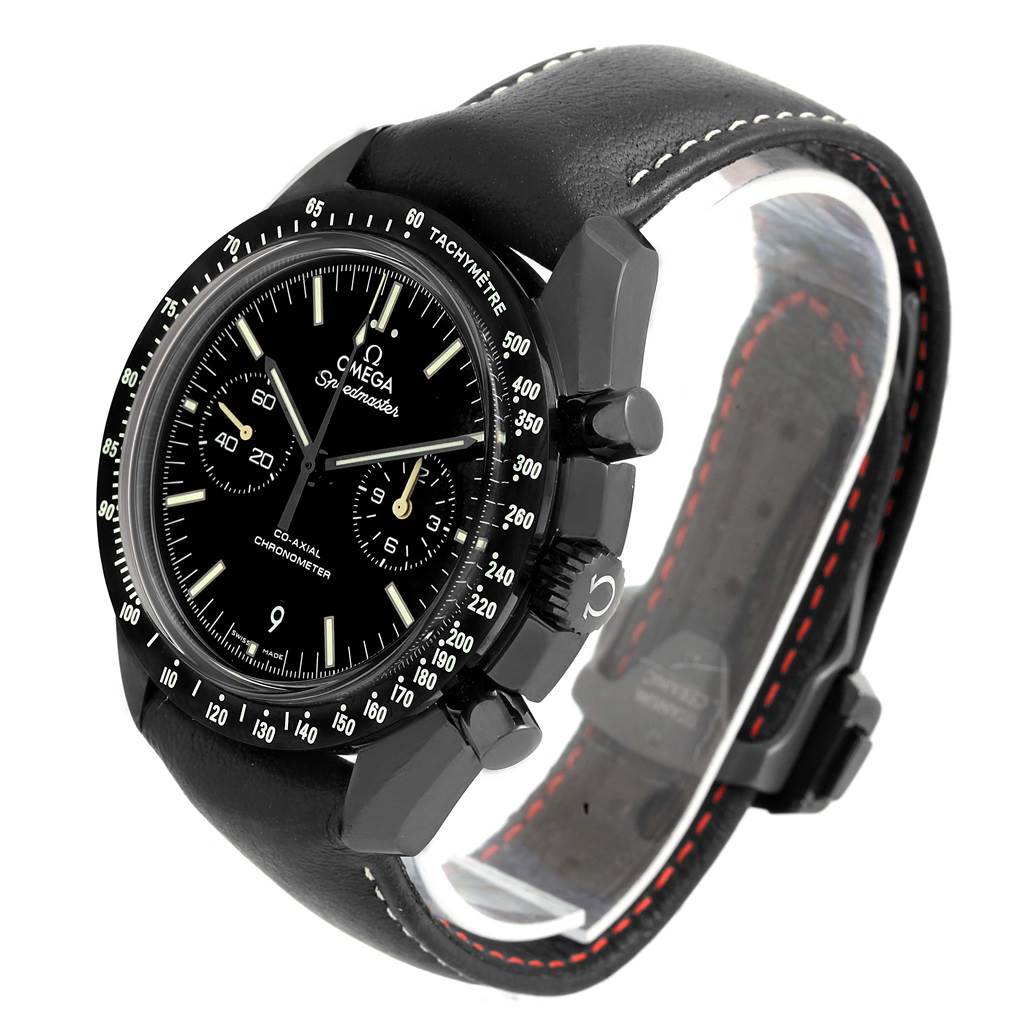 The image shows an angled view of an Omega Speedmaster 311.92.44.51.01.004 Men
s Stainless Steel Black Dial 311.92.44.51.01.004 Men
s Stainless Steel Black Dial watch, displaying the face, bezel, pushers, crown, and leather strap.