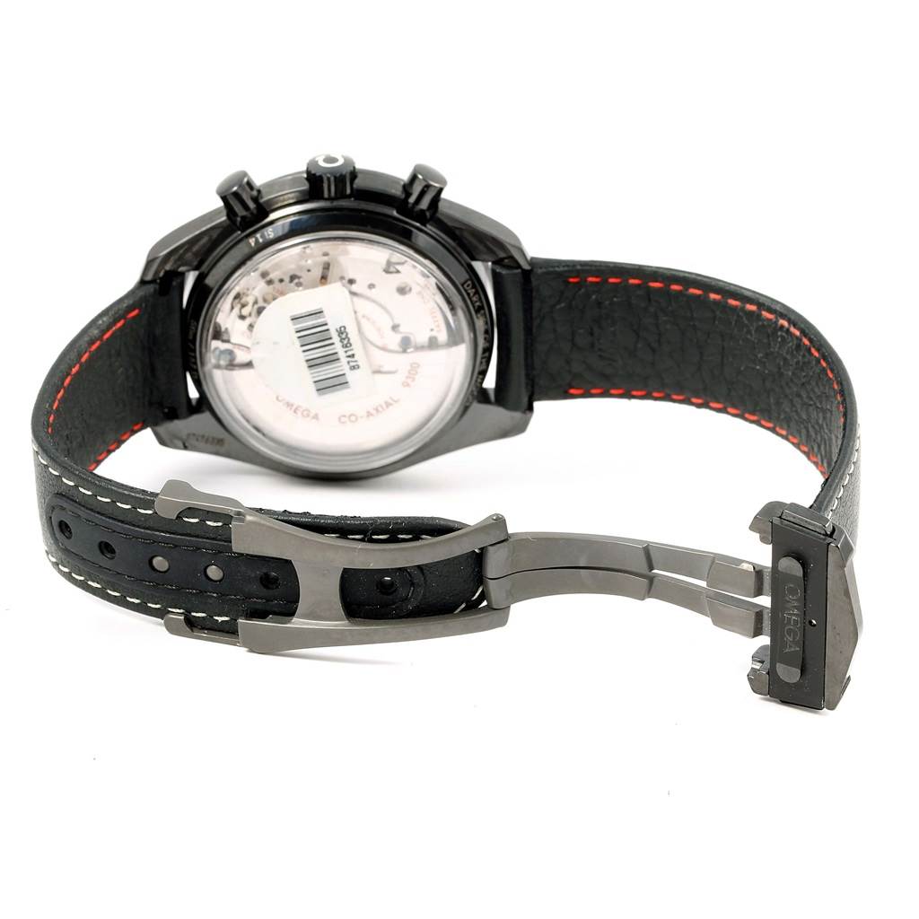 The image shows the back view of an Omega Speedmaster 311.92.44.51.01.004 Men
s Stainless Steel Black Dial 311.92.44.51.01.004 Men
s Stainless Steel Black Dial watch, highlighting the clasp and the rear case with visible internal mechanisms.