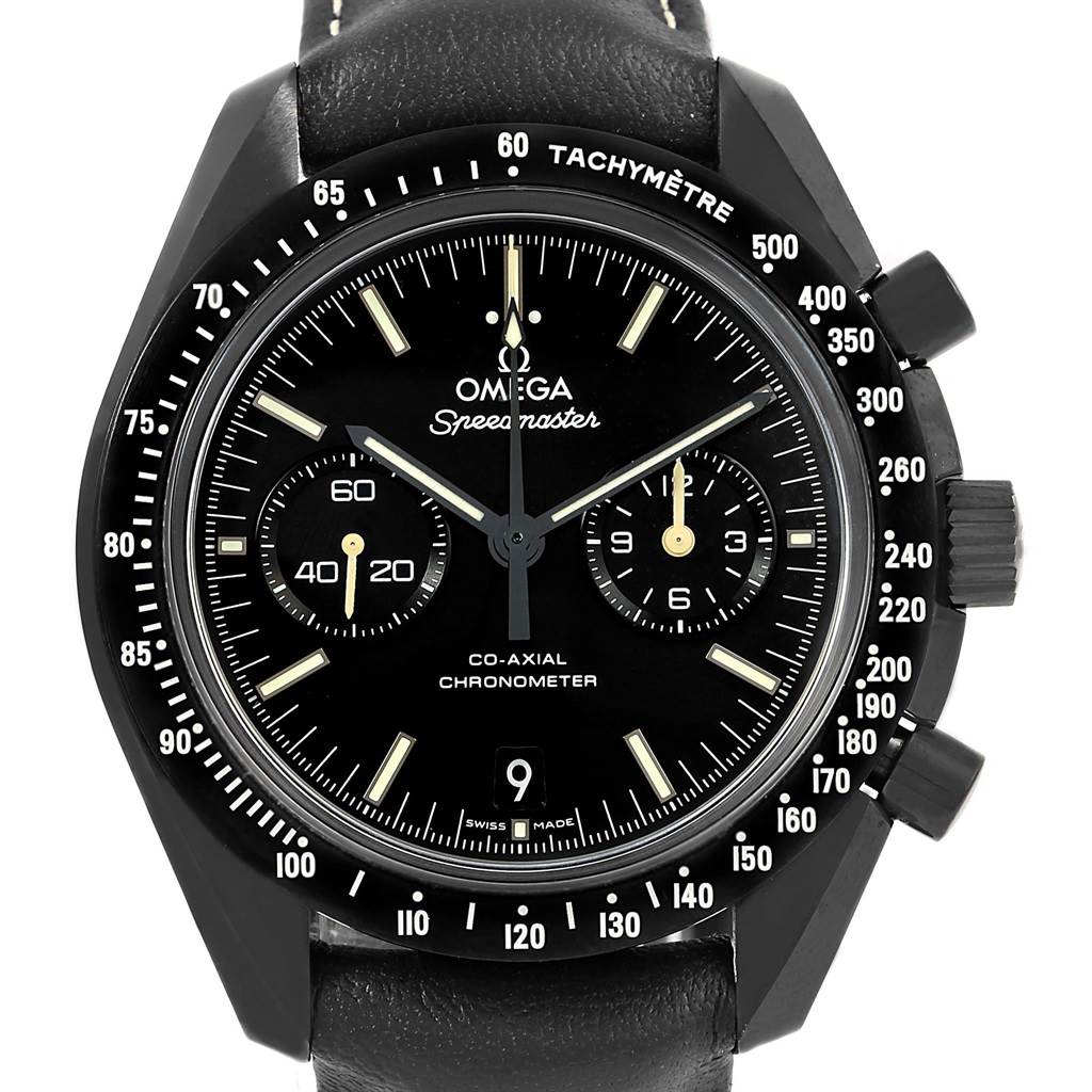 The image shows a front view of an Omega Speedmaster 311.92.44.51.01.004 Men
s Stainless Steel Black Dial 311.92.44.51.01.004 Men
s Stainless Steel Black Dial watch, highlighting the dial, tachymeter, and chronograph subdials.