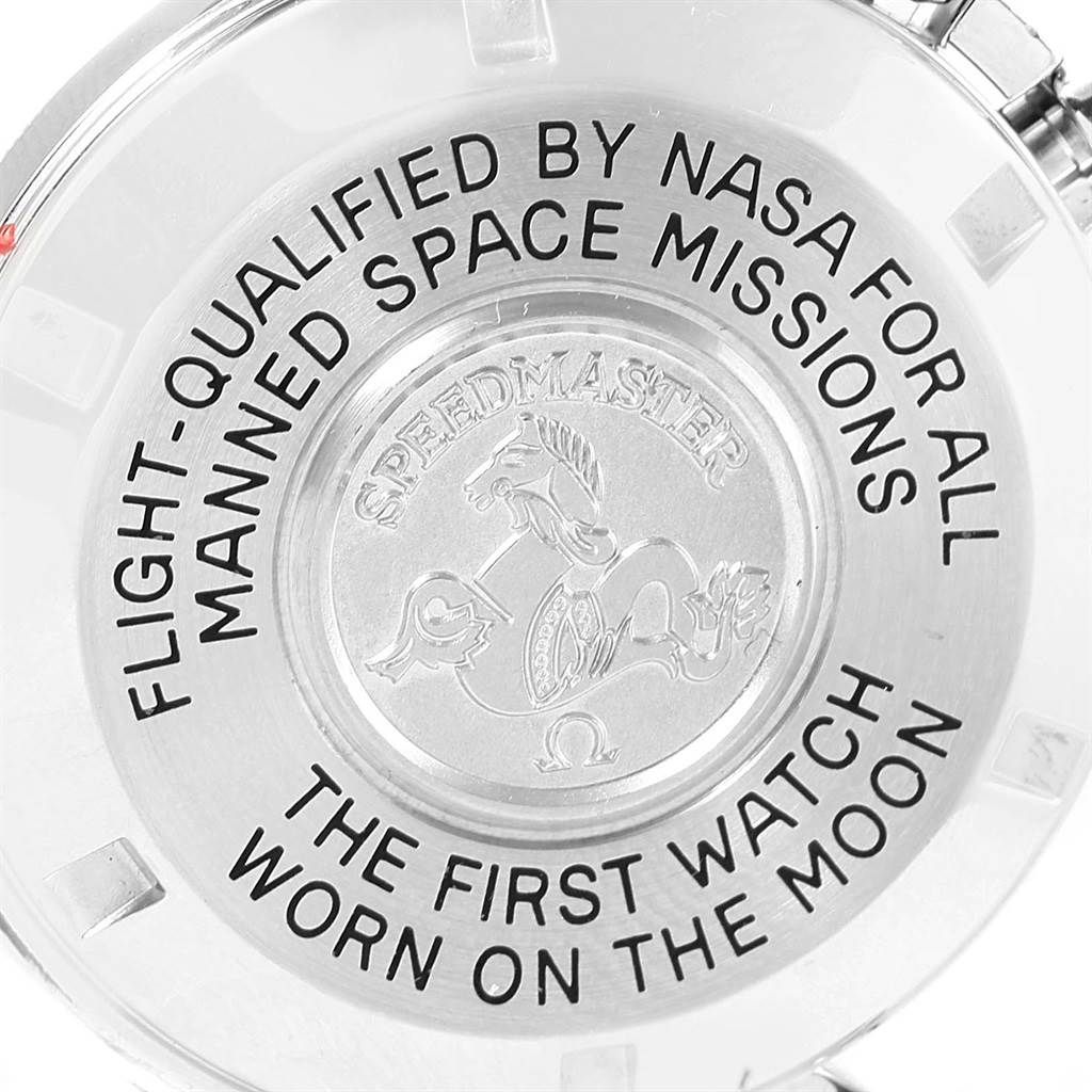 The image shows the back case of an Omega Speedmaster 3570.50.00 Men
s Stainless Steel Black Dial 3570.50.00 Men
s Stainless Steel Black Dial watch detailing NASA
s qualification and moon landing inscription.