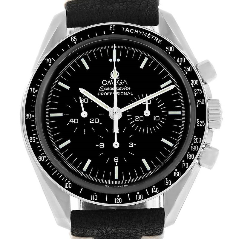 Omega Speedmaster Chronograph Black Dial Leather Strap Mens MoonWatch SwissWatchExpo