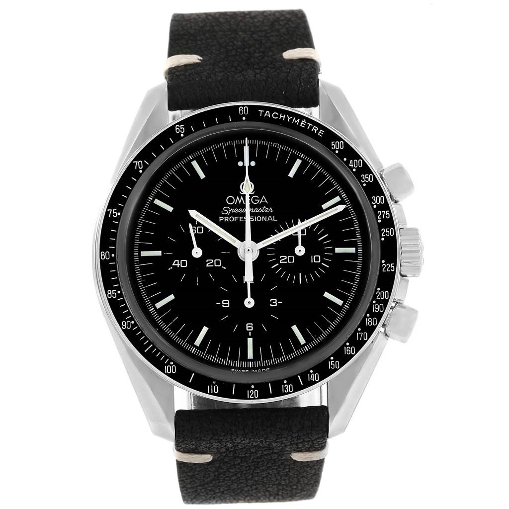 The image shows a front view of the Omega Speedmaster 3570.50.00 Men
s Stainless Steel Black Dial 3570.50.00 Men
s Stainless Steel Black Dial watch, featuring its black dial, chronograph subdials, and black leather strap.