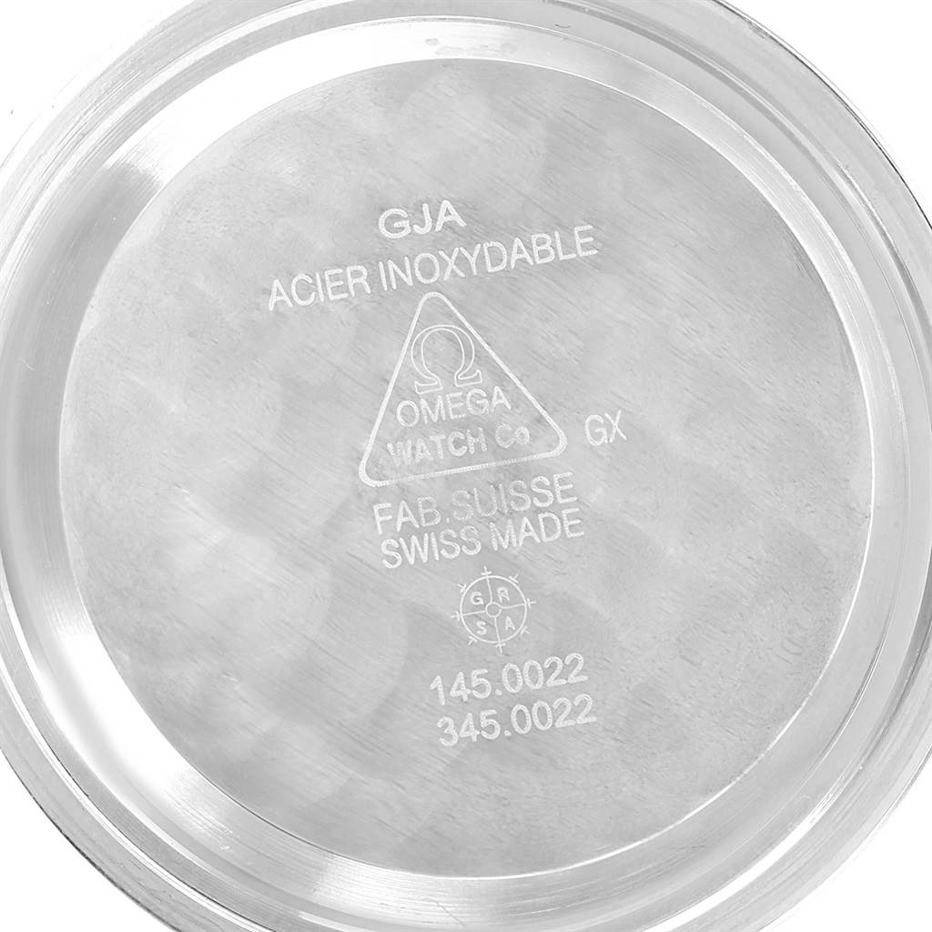 This image shows the inner case back of an Omega Speedmaster 3570.50.00 Men
s Stainless Steel Black Dial 3570.50.00 Men
s Stainless Steel Black Dial watch, engraved with model numbers and branding details.