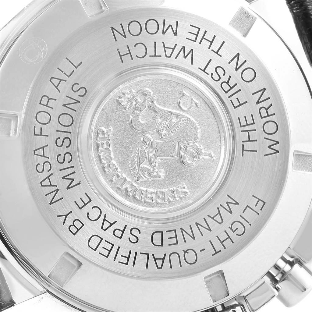 This image shows the case back of an Omega Speedmaster 311.30.42.30.01.005 Men
s Stainless Steel Black Dial 311.30.42.30.01.005 Men
s Stainless Steel Black Dial watch, displaying engraved text and the model
s emblem.