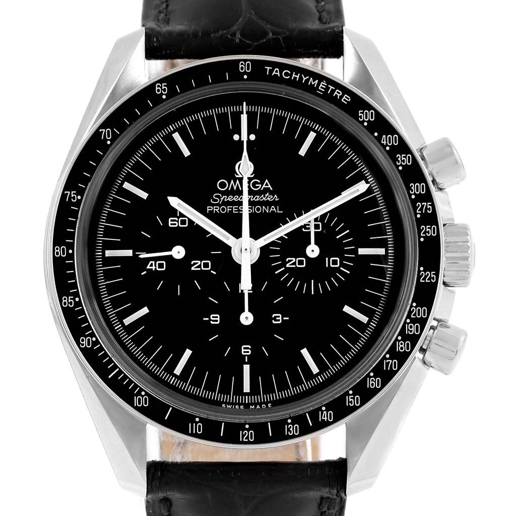 The image shows a front view of the Omega Speedmaster 311.30.42.30.01.005 Men
s Stainless Steel Black Dial 311.30.42.30.01.005 Men
s Stainless Steel Black Dial watch, highlighting its black dial, tachymeter bezel, and sub-dials.