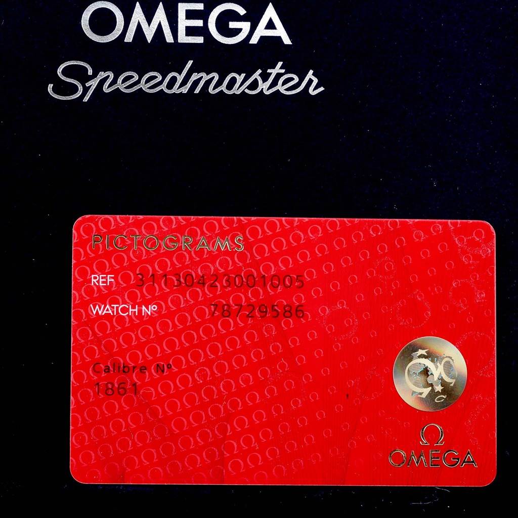 This image shows a close-up of the Omega Speedmaster 311.30.42.30.01.005 Men
s Stainless Steel Black Dial 311.30.42.30.01.005 Men
s Stainless Steel Black Dial Pictograms card, displaying model details and watch information.